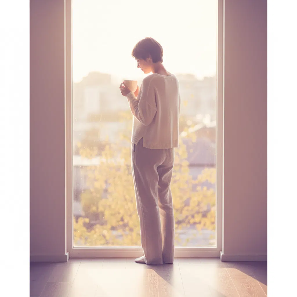 Anonyme Frau von hinten, schaut aus einem hellen Fenster, hält eine warme Kaffeetasse - ruhige Morgenszene
